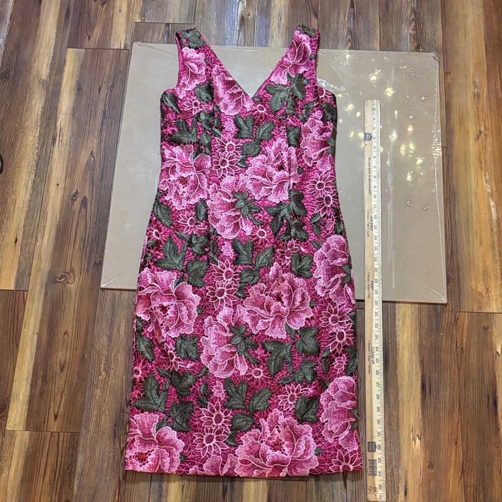 David Meister Pink and Green Floral Midi Dress 12 NWT